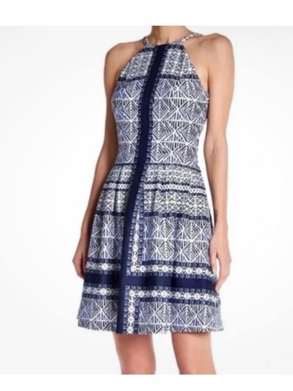 Vince Camuto Geometric Print‎ Scuba Fit And Flare Halter Dress NWT